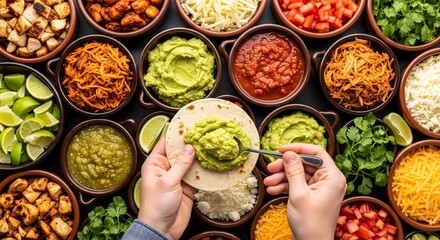 Hands making a taco from a fresh ingredient taco bar, top view