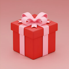 3D Rendered Red Gift Box With Pink Ribbon And Bow Isolated on Pink Background