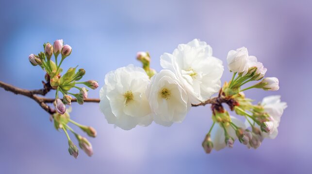 A branch with full petals and emerald green buds gently droop, bathed in the soft sunlight against a light blue background. It has HD quality, delicate petal texture, and vibrant colors.