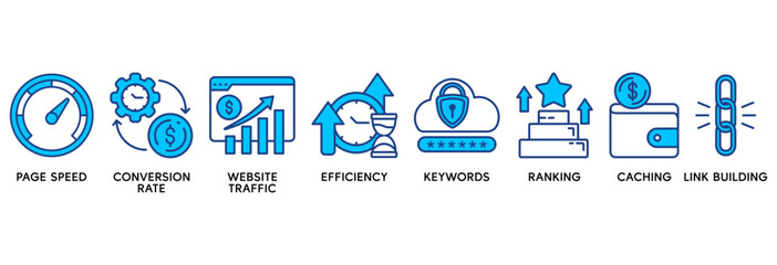 Website optimization icon set vector illustration concept relate to page speed, conversion rate, website traffic, efficiency, keywords, ranking, caching, link building
