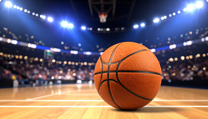 Close-Up View of a Basketball on the Court During a Competitive Game in an Indoor Arena with Blaring Lights and Enthusiastic Fans