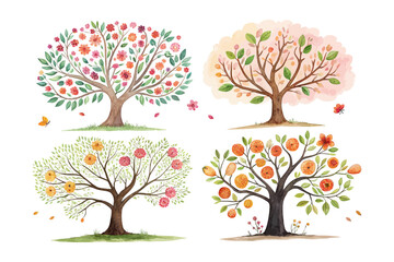 Obraz premium set of watercolor apricot tree vector illustration isolated on white background