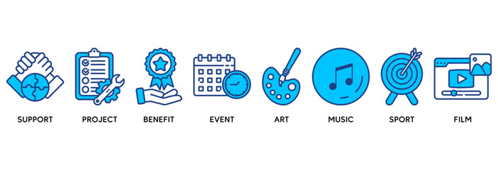 Sponsor icon set vector illustration concept relate to support, project, benefit, art, event, music, sport, and film