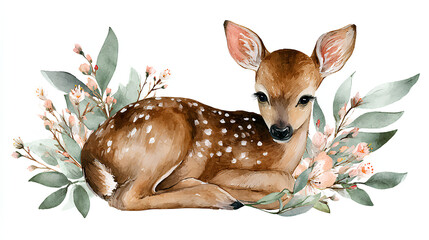 Cute baby deer animal for kindergarten, nursery isolated illustration for children clothing, pattern. Watercolor Hand drawn boho image forest woodland poster baby shower Stock Illustration