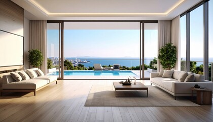 Luxurious Living Room with Ocean View and Infinity Pool Modern Design.