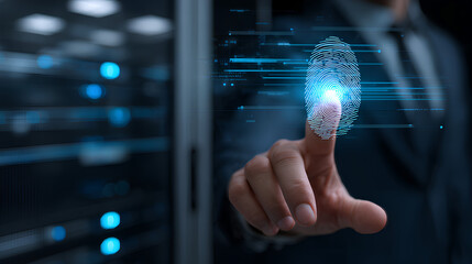 Cyber security system and data protection concept. Man using fingerprint scanning access data with data center as background, biometric identity, data encryption for network security of cyber attack