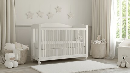 Modern White Nursery Decor with Crib and Soft Toys in Natural Light