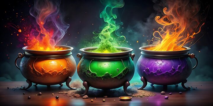 Three cauldrons with colorful potions and magical smoke on a dark background