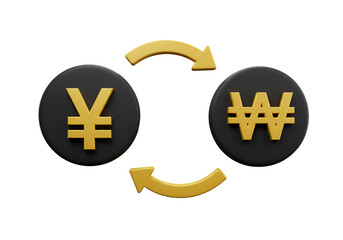 3D Rendered Yen and Won Currency Symbols with Arrows on Transparent Background