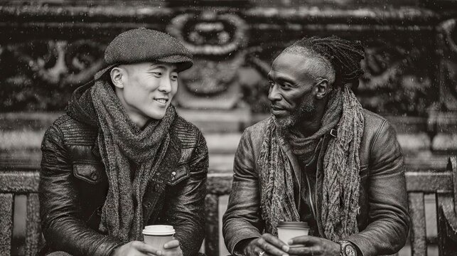 Fototapeta Two Men Sharing Coffee on a Snowy Day in a City Park