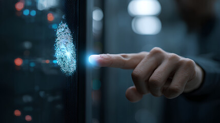 Cyber security system and data protection concept. Man using fingerprint scanning access data with data center as background, biometric identity, data encryption for network security of cyber attack