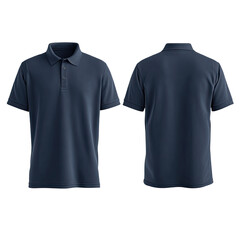 Front and back view of a navy blue polo shirt.  Short sleeves, collared.  Simple design