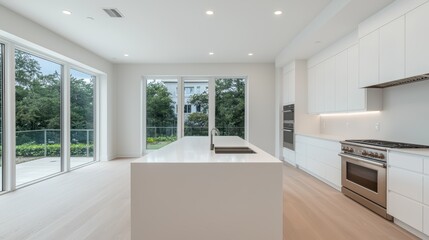Modern Bright Kitchen with Open Layout and Large Windows