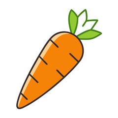 Vibrant cartoon illustration of a single orange carrot with green leafy tops on a black background