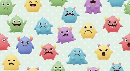 Obraz premium Cute cartoon monsters with diverse emotions in a seamless pattern, perfect for kids' designs