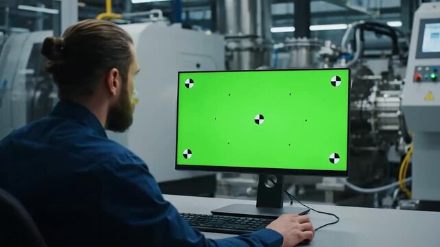 Man views a green screen monitor in an industrial setting