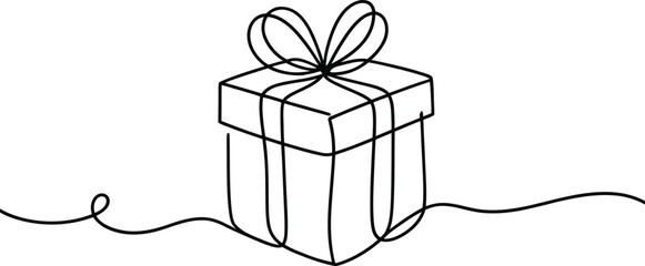 Simple line art drawing of a gift box with a bow © MUZIHID CREATION