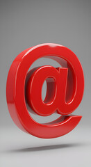 3d Rendering Of A Glossy Red At Symbol Isolated On A Gray Background