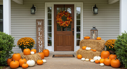 Classic Autumn Entryway with Wooden Welcome Fall Sign, Fall Wreath, Hay Bales, Lantern, and Pumpkins