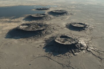 Aerial view of craters on a desolate, cracked landscape, near a body of water