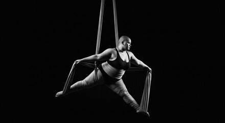Aerial silk artist performing in black and white