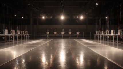 Indoor Fencing Competition Venue, Empty, Night, Lights