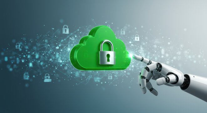 Cybersecurity in the Cloud: An advanced AI-powered hand interacts with a green cloud icon secured by a padlock, symbolizing secure data storage and technological advancements in cyberspace.