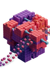 Abstract 3D Cube Structure with Geometric Shapes and Digital Elements