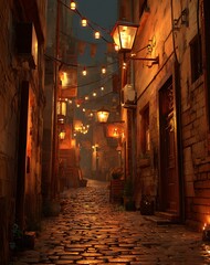 Fototapeta premium Warm Lit Cobblestone Street at Night in Old Town