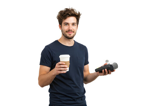 Bearded  Barista Man Holding Coffee and card machine payment Great for cafe culture, digital payment, card payment, payment method
