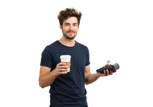 Bearded  Barista Man Holding Coffee and card machine payment Great for cafe culture, digital payment, card payment, payment method