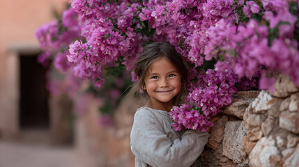 Fototapeta premium young girl is joyfully sniffing flowers against rustic stone wall radiating innocence and sweetness