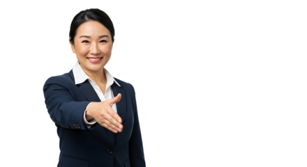 Professional Asian businesswoman offering handshake Confident businesswoman in navy blazer extending hand for greeting