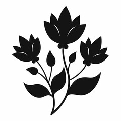 Black floral silhouette with leaves and buds on white background flower