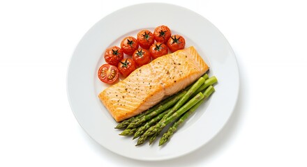 Baked salmon with asparagus and cherry tomatoes on a white plate, top view, isolated background