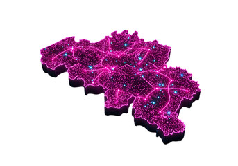 Abstract 3D Illustration of a Glowing Pink Belgium Map on Black Background