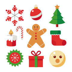 Christmas elements including snowflake bauble tree candy cane gingerbread man vector