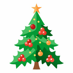 Green Christmas tree with red and orange ornaments and yellow star vector