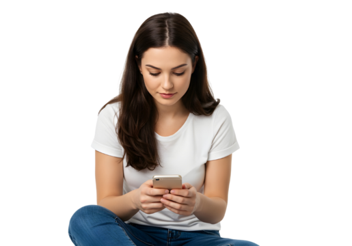 Sitting woman using smartphone Young female sitting cross legged and using phone - Powered by Adobe