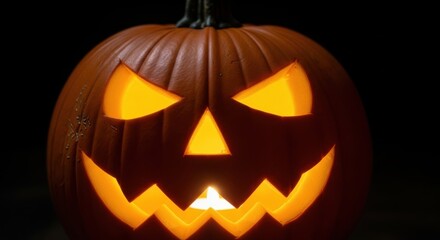 Spooky jack o lantern glowing with an eerie orange light