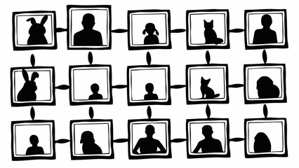Illustration showing a grid of framed silhouettes of people and animals connected by lines and shapes