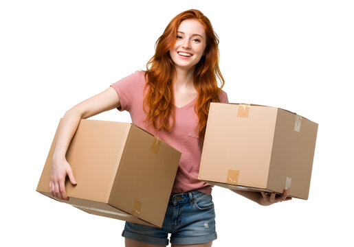 Cheerful redhead with cardboard boxes Young woman with red hair carrying parcels for moving or shipping