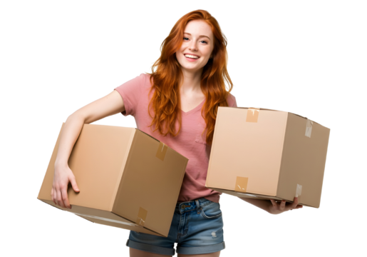 Cheerful redhead with cardboard boxes Young woman with red hair carrying parcels for moving or shipping