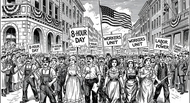 Historical Labor Day Parade Celebrating Workers Rights and the Eight Hour Day Movement