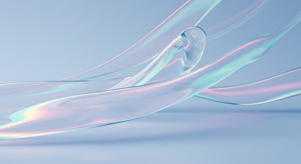 Abstract iridescent glass ribbons flowing on a soft blue background