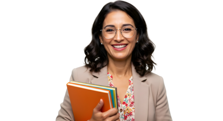 Professional woman teacher holding books Smart academic female smiling with orange book