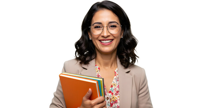 Professional woman teacher holding books Smart academic female smiling with orange book