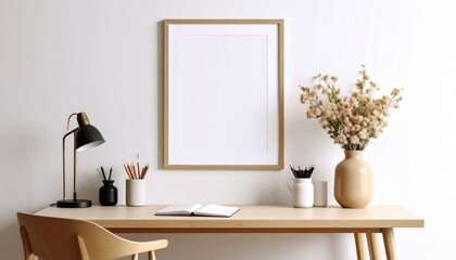 Minimalist Desk Setup with Blank Frame Lamp and Floral Arrangement on White Background.