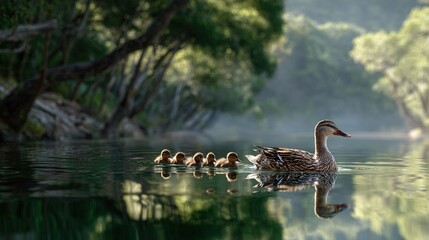 Mother duck swims with her ducklings in calm water surrounded by green trees and soft light