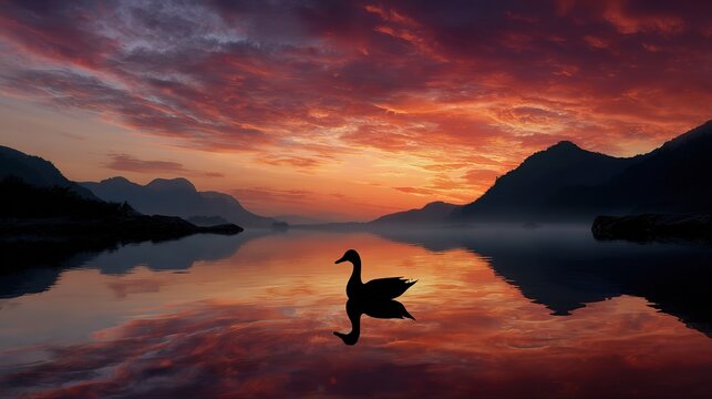 Silhouette of  single duck swimming on  calm lake at sunrise with colorful clouds and mountain reflections